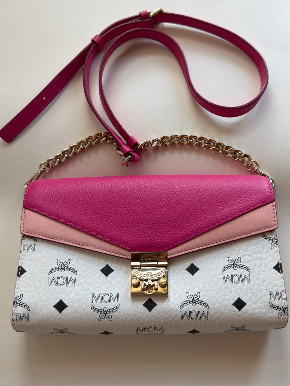MCM Pink and Light Pink Logo-Print Leather Crossbody